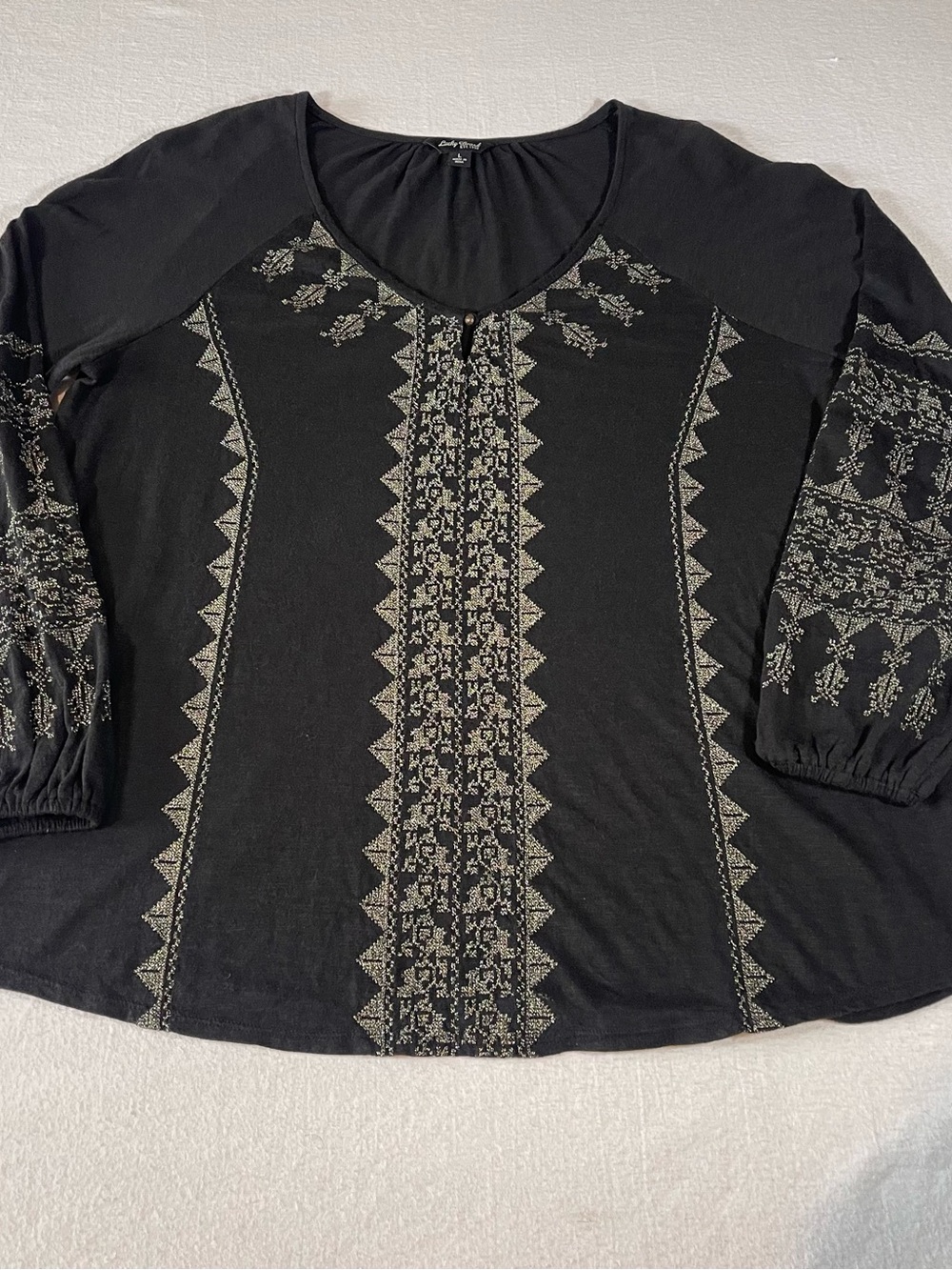 Lucky Brand Peasant Blouse Black with Embroidery Boho V-Neck Button Closure Top